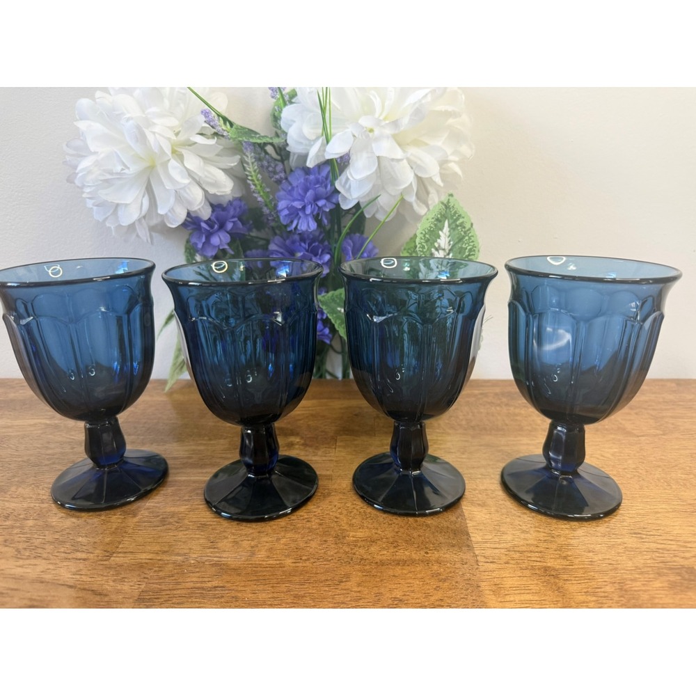 Vintage Noritake Colonial Blue Goblets Dark Blue Pedestal‎ Glasses MCM Kitchen
